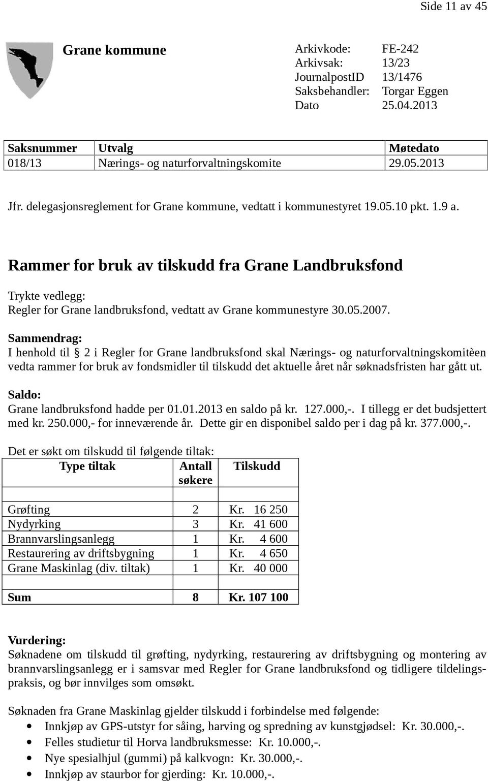 Rammer for bruk av tilskudd fra Grane Landbruksfond Trykte vedlegg: Regler for Grane landbruksfond, vedtatt av Grane kommunestyre 30.05.2007.