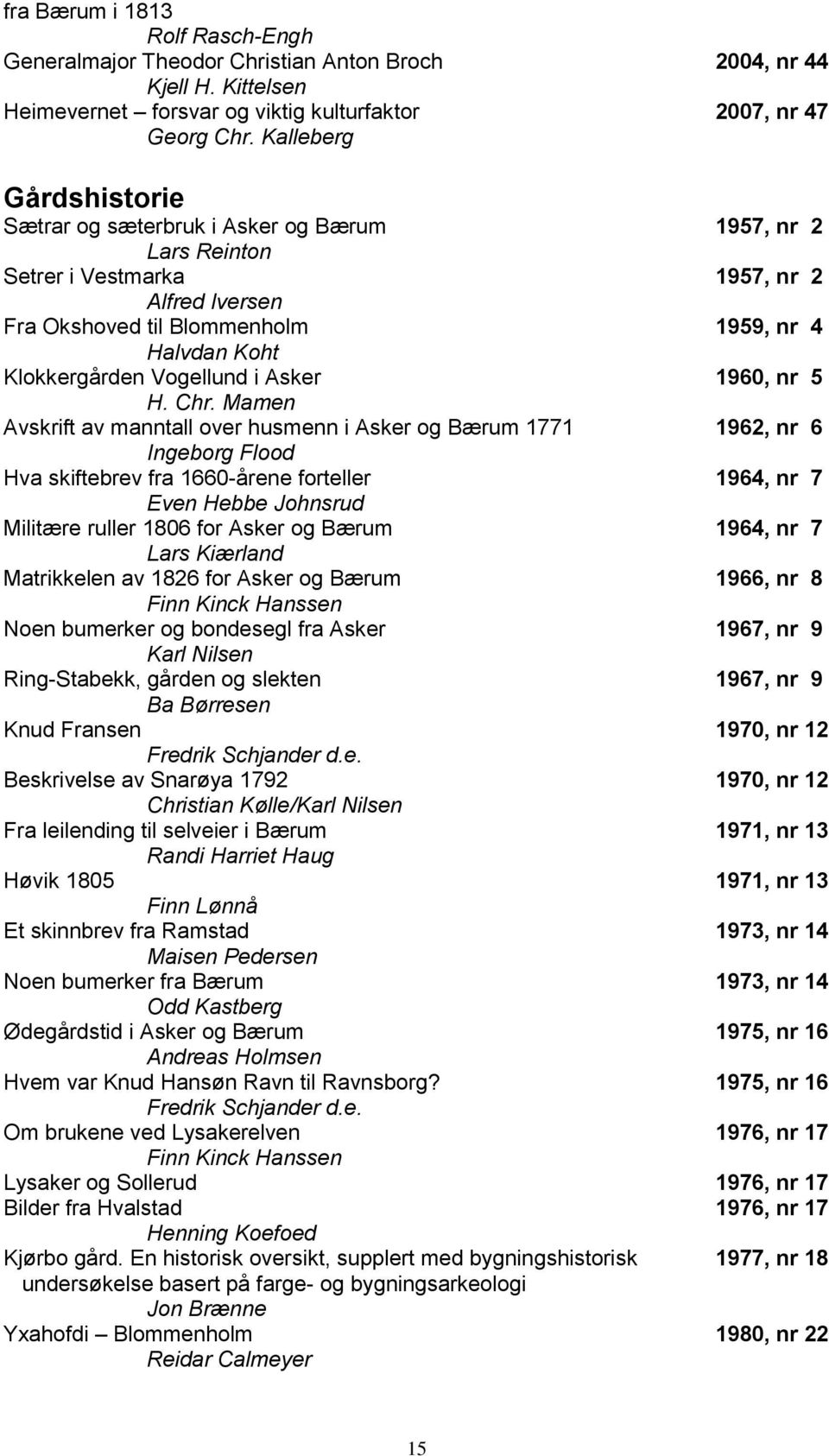 Vogellund i Asker 1960, nr 5 Avskrift av manntall over husmenn i Asker og Bærum 1771 1962, nr 6 Ingeborg Flood Hva skiftebrev fra 1660-årene forteller 1964, nr 7 Even Hebbe Johnsrud Militære ruller