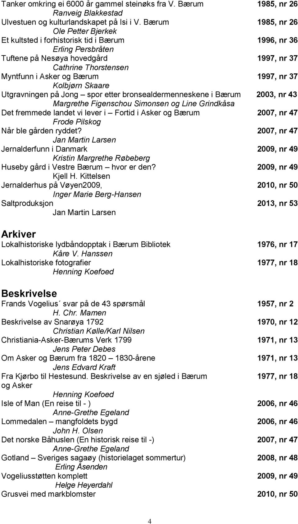 Skaare Utgravningen på Jong spor etter bronsealdermenneskene i Bærum 2003, nr 43 Margrethe Figenschou Simonsen og Line Grindkåsa Det fremmede landet vi lever i Fortid i Asker og Bærum 2007, nr 47