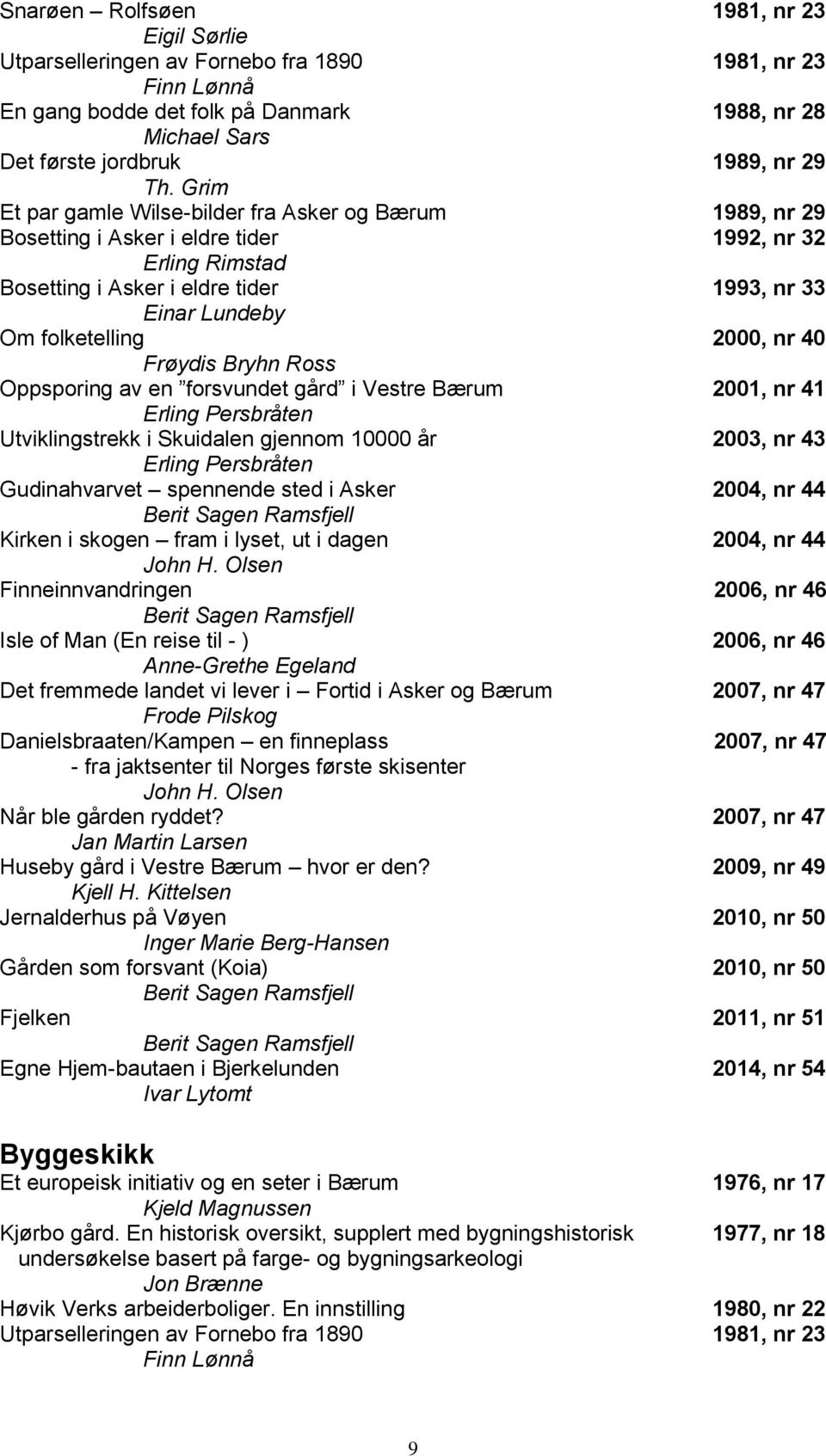 2000, nr 40 Frøydis Bryhn Ross Oppsporing av en forsvundet gård i Vestre Bærum 2001, nr 41 Utviklingstrekk i Skuidalen gjennom 10000 år 2003, nr 43 Gudinahvarvet spennende sted i Asker 2004, nr 44