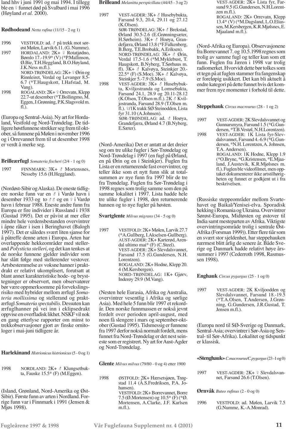 5-6.7 (*T.Haugskott, I.Hafstad, M. Vang). 1998 ROGALAND: 2K+ U Orrevatn, Klepp 22.7-ut desember (*T.Bollingmo, M. Eggen, J.Grønning, P.K.Slagsvold m. fl.). (Europa og Sentral-Asia).