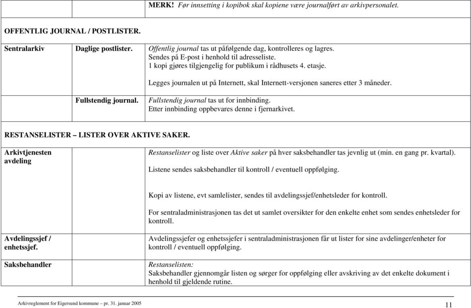 Legges journalen ut på Internett, skal Internett-versjonen saneres etter 3 måneder. Fullstendig journal. Fullstendig journal tas ut for innbinding. Etter innbinding oppbevares denne i fjernarkivet.