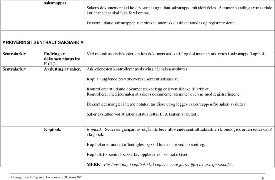 ARKIVERING I SENTRALT SAKSARKIV Sentralarkiv Endring av Ved mottak av arkivkopier, endres dokumentstatus til J og dokumentet arkiveres i saksmappe/kopibok. dokumentstatus fra F til J.