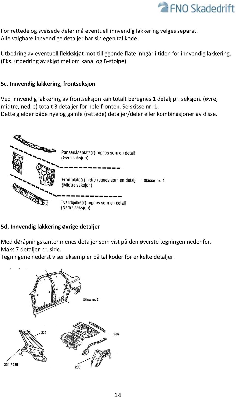 Innvendig lakkering, frontseksjon Ved innvendig lakkering av frontseksjon kan totalt beregnes 1 detalj pr. seksjon. (øvre, midtre, nedre) totalt 3 detaljer for hele fronten. Se skisse nr. 1. Dette gjelder både nye og gamle (rettede) detaljer/deler eller kombinasjoner av disse.