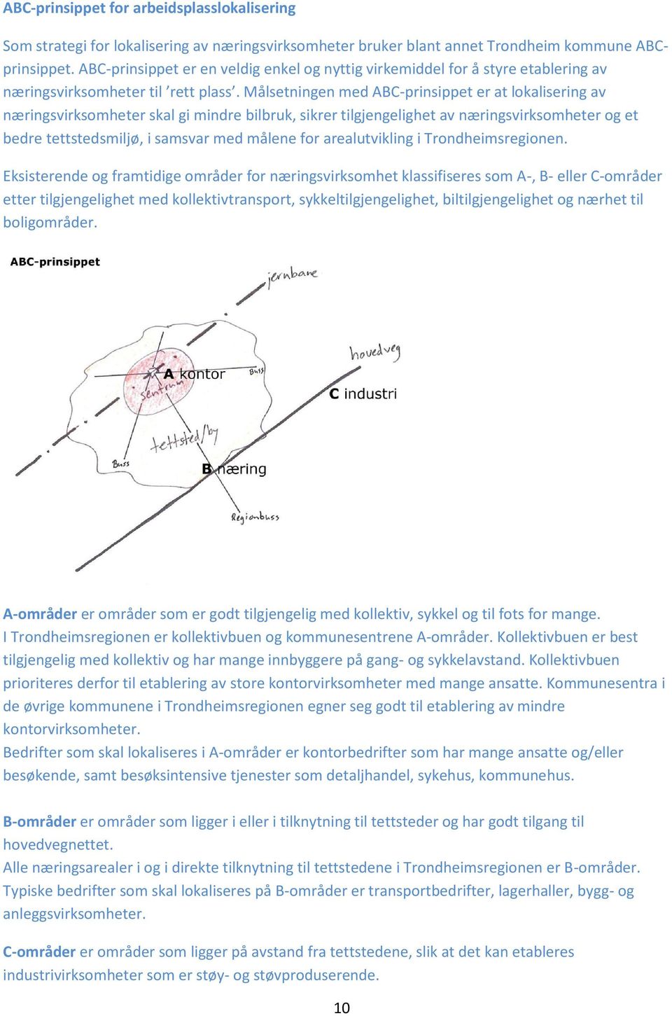 Målsetningen med ABC-prinsippet er at lokalisering av næringsvirksomheter skal gi mindre bilbruk, sikrer tilgjengelighet av næringsvirksomheter og et bedre tettstedsmiljø, i samsvar med målene for