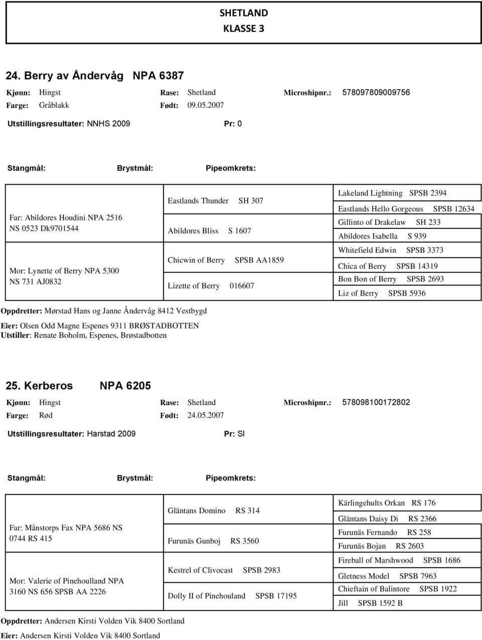 Tunder SH 307 Abildores Bliss S 1607 Cicwin of Berry SPSB AA1859 Lizette of Berry 016607 Lakeland Ligtning SPSB 2394 Eastlands Hello Gorgeous SPSB 12634 Gillinto of Drakelaw SH 233 Abildores Isabella