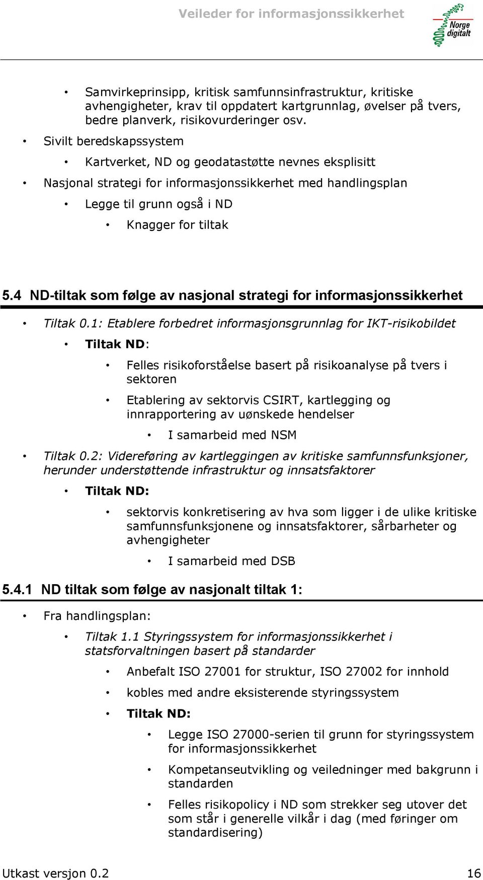 4 ND-tiltak som følge av nasjonal strategi for informasjonssikkerhet Tiltak 0.