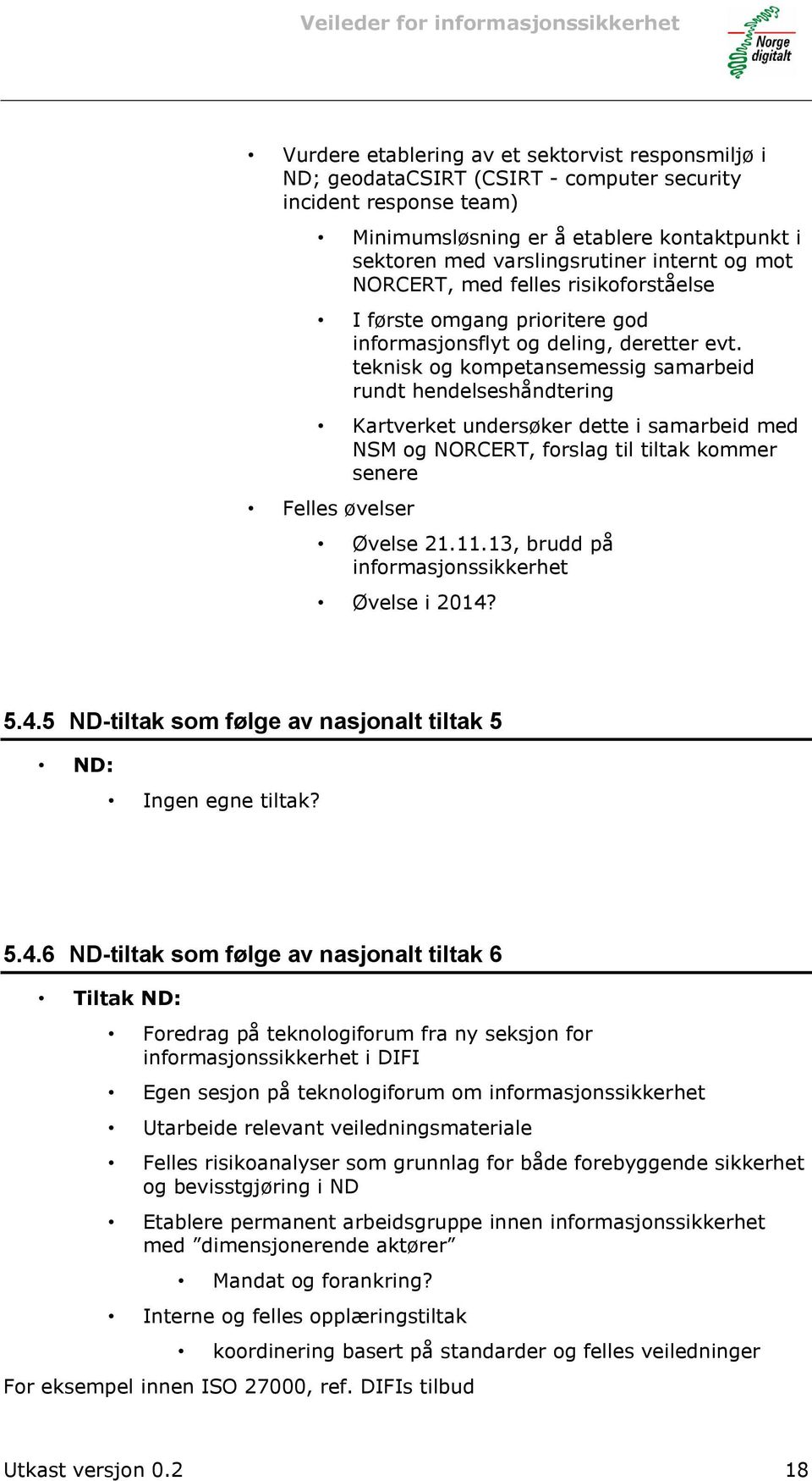 teknisk og kompetansemessig samarbeid rundt hendelseshåndtering Kartverket undersøker dette i samarbeid med NSM og NORCERT, forslag til tiltak kommer senere Felles øvelser Øvelse 21.11.