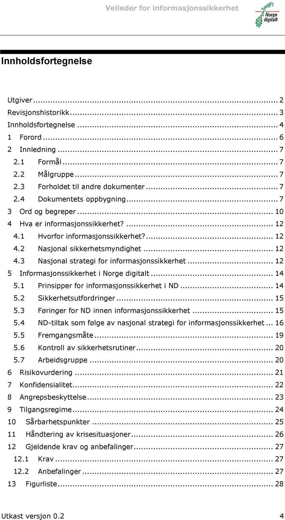 .. 12 5 Informasjonssikkerhet i Norge digitalt... 14 5.1 Prinsipper for informasjonssikkerhet i ND... 14 5.2 Sikkerhetsutfordringer... 15 5.