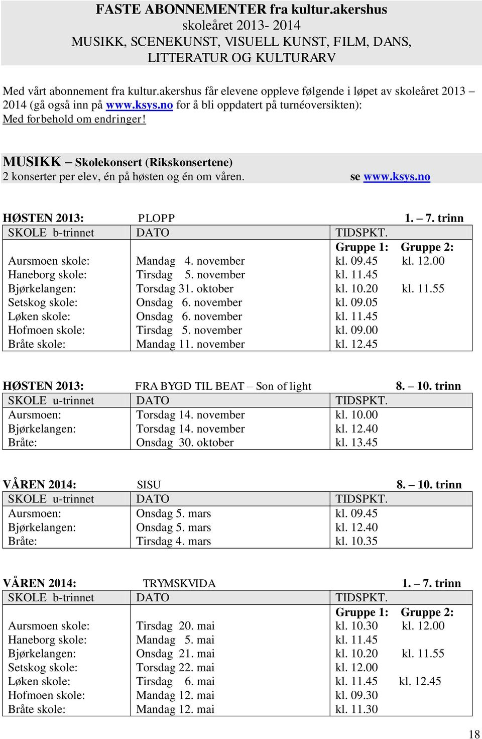 MUSIKK Skolekonsert (Rikskonsertene) 2 konserter per elev, én på høsten og én om våren. se www.ksys.no HØSTEN 2013: PLOPP 1. 7. trinn SKOLE b-trinnet DATO TIDSPKT. Gruppe 1: Gruppe 2: Mandag 4.