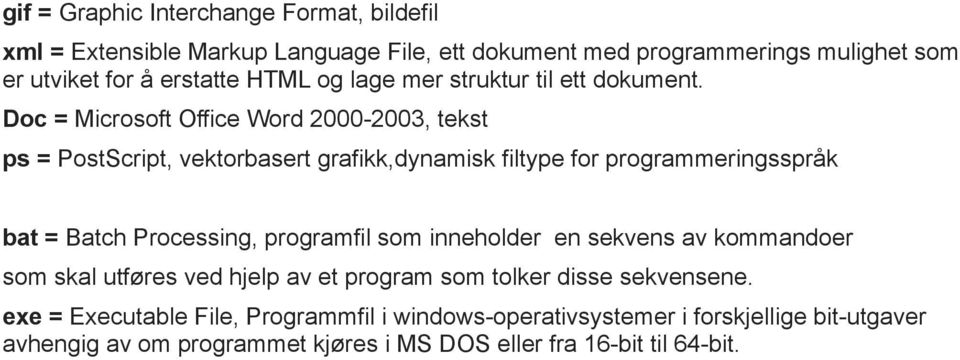 Doc = Microsoft Office Word 2000-2003, tekst ps = PostScript, vektorbasert grafikk,dynamisk filtype for programmeringsspråk bat = Batch Processing,