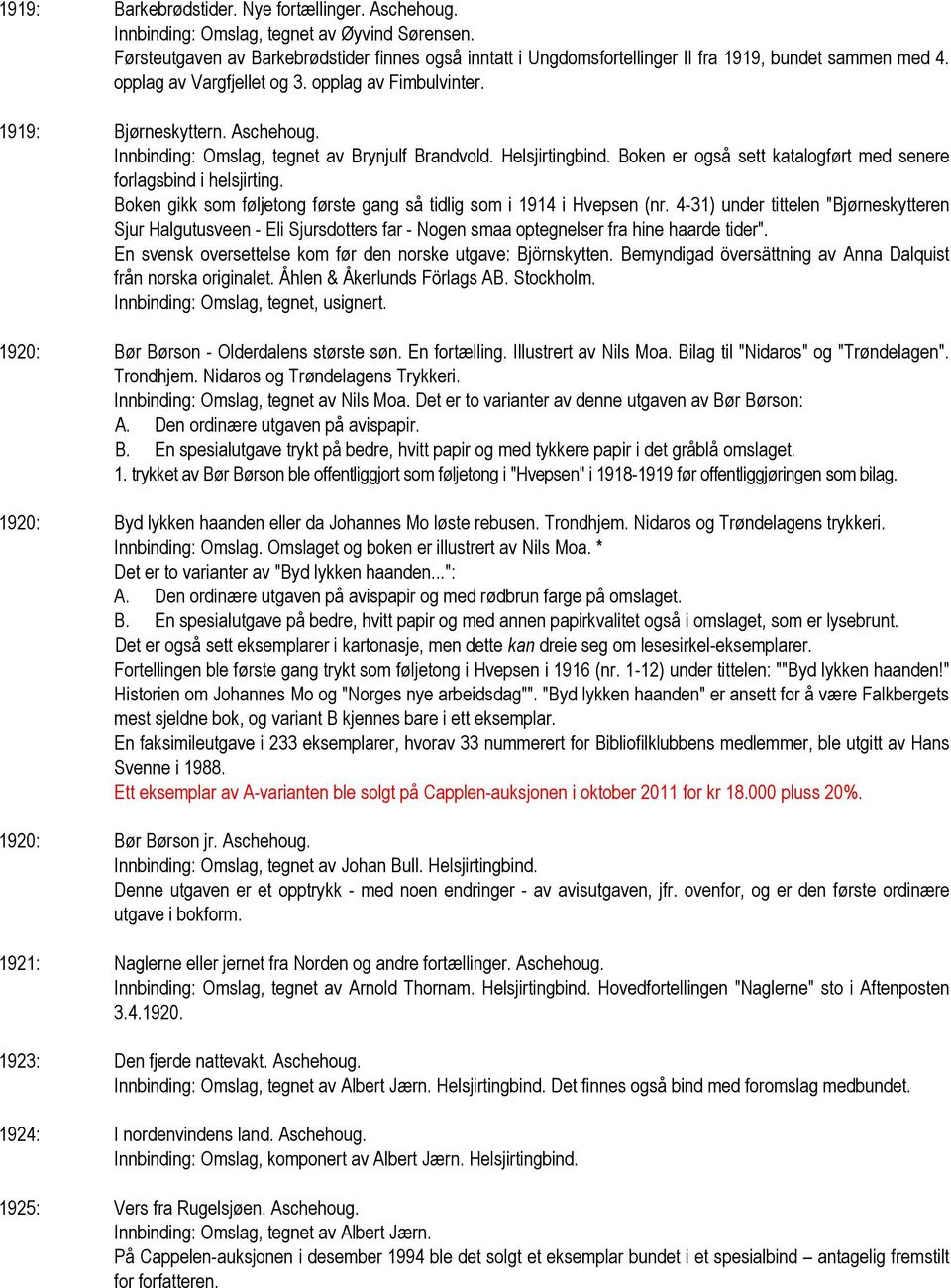 Innbinding: Omslag, tegnet av Brynjulf Brandvold. Helsjirtingbind. Boken er også sett katalogført med senere forlagsbind i helsjirting.