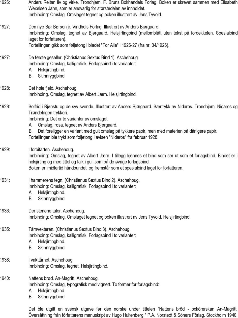 Helsjirtingbind (mellomblått uten tekst på fordekkelen. Spesialbind laget for forfatteren). Fortellingen gikk som føljetong i bladet "For Alle" i 1926-27 (fra nr. 34/1926). 1927: De første geseller.