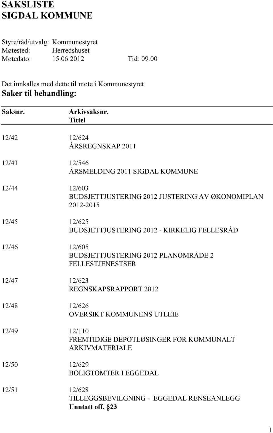 Tittel 12/42 12/624 ÅRSREGNSKAP 2011 12/43 12/546 ÅRSMELDING 2011 SIGDAL KOMMUNE 12/44 12/603 BUDSJETTJUSTERING 2012 JUSTERING AV ØKONOMIPLAN 2012-2015 12/45 12/625