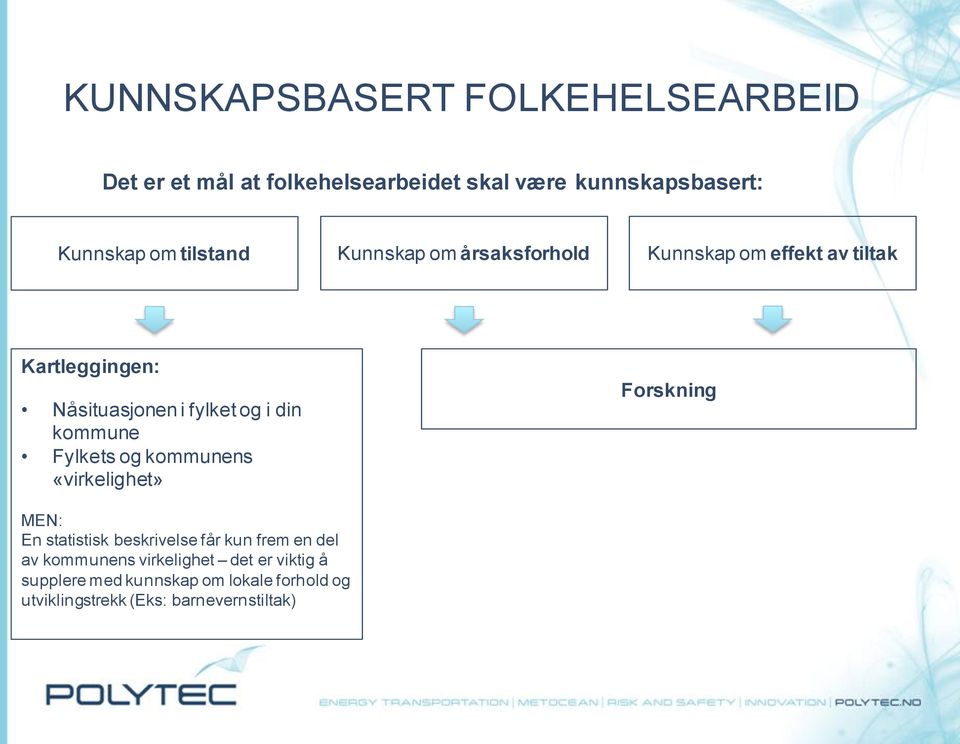 kommune Fylkets og kommunens «virkelighet» Forskning MEN: En statistisk beskrivelse får kun frem en del av