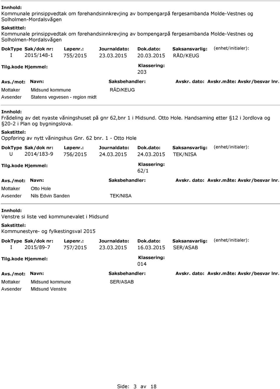 2015 RÅD/KEG 203 Statens vegvesen - region midt RÅD/KEG Frådeling av det nyaste våningshuset på gnr 62,bnr 1 i Midsund. Otto Hole.