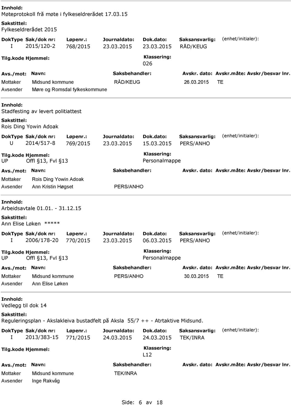 Yowin Adoak 2014/517-8 769/2015 15.03.2015 P Personalmappe Rois Ding Yowin Adoak Ann Kristin Høgset Arbeidsavtale 01.01. - 31.12.