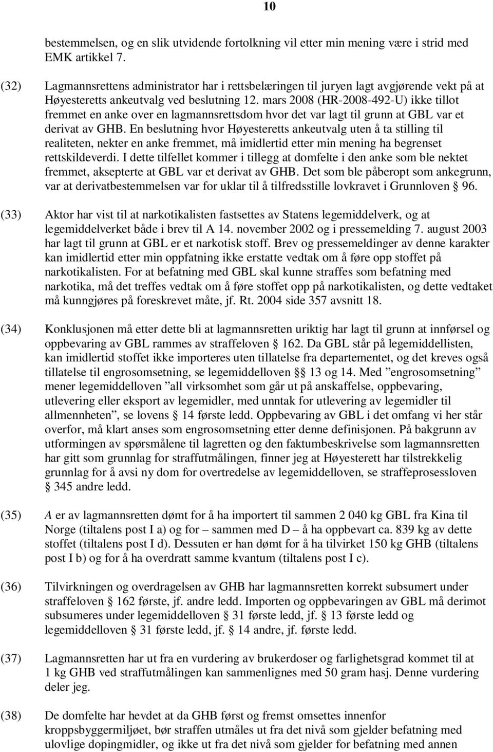 mars 2008 (HR-2008-492-U) ikke tillot fremmet en anke over en lagmannsrettsdom hvor det var lagt til grunn at GBL var et derivat av GHB.