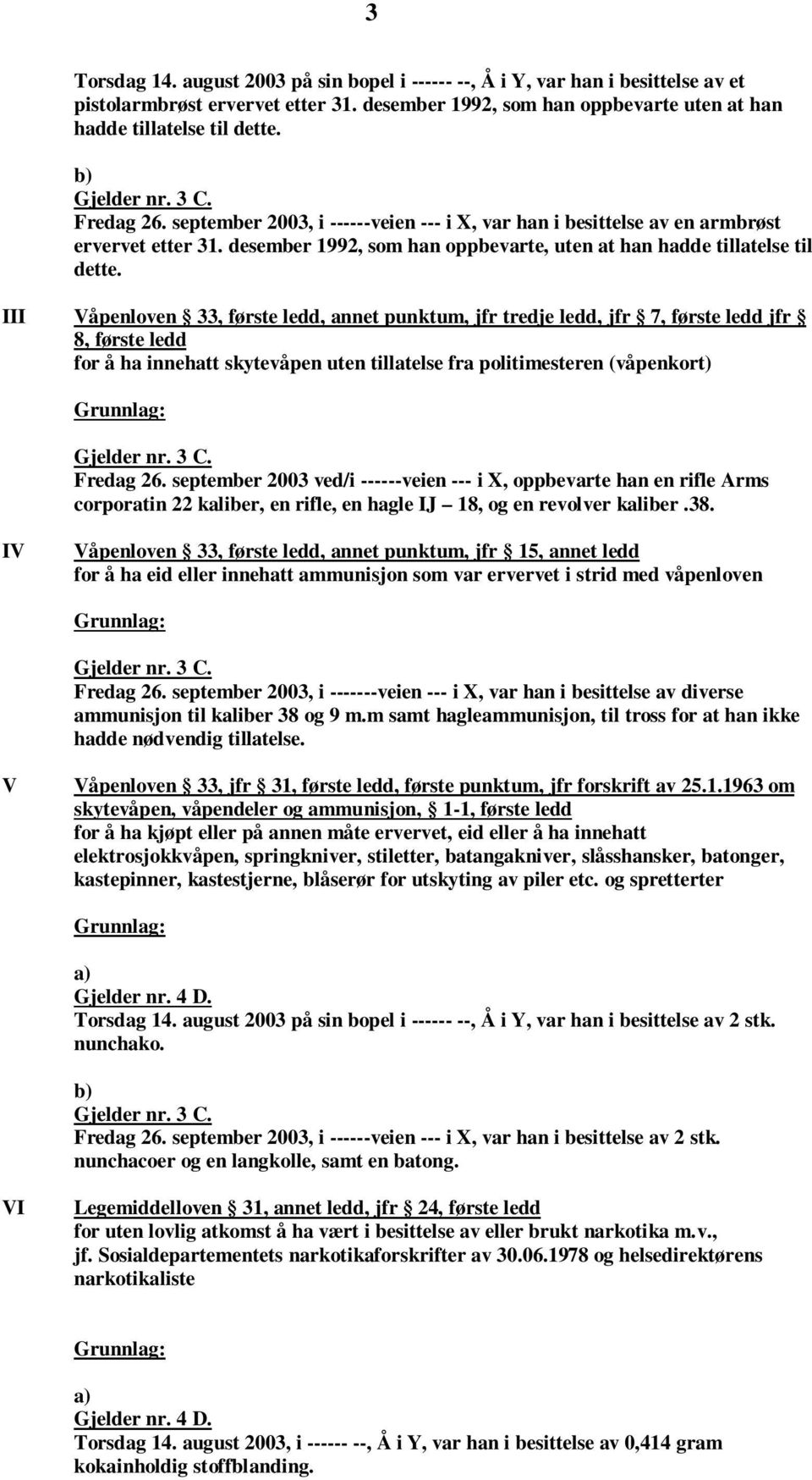 III Våpenloven 33, første ledd, annet punktum, jfr tredje ledd, jfr 7, første ledd jfr 8, første ledd for å ha innehatt skytevåpen uten tillatelse fra politimesteren (våpenkort) Grunnlag: Gjelder nr.