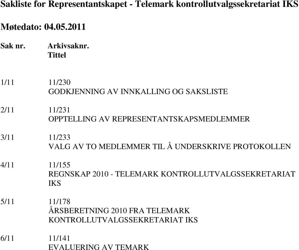 11/233 VALG AV TO MEDLEMMER TIL Å UNDERSKRIVE PROTOKOLLEN 4/11 11/155 REGNSKAP 2010 - TELEMARK