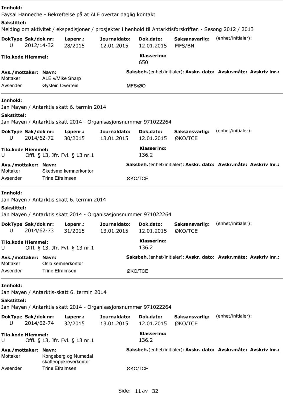 termin 2014 2014/62-73 31/2015 Avs./mottaker: Navn: Saksbeh. Avskr. dato: Avskr.måte: Avskriv lnr.: Mottaker Oslo kemnerkontor Jan Mayen / Antarktis-skatt 6. termin 2014 2014/62-74 32/2015 Avs.