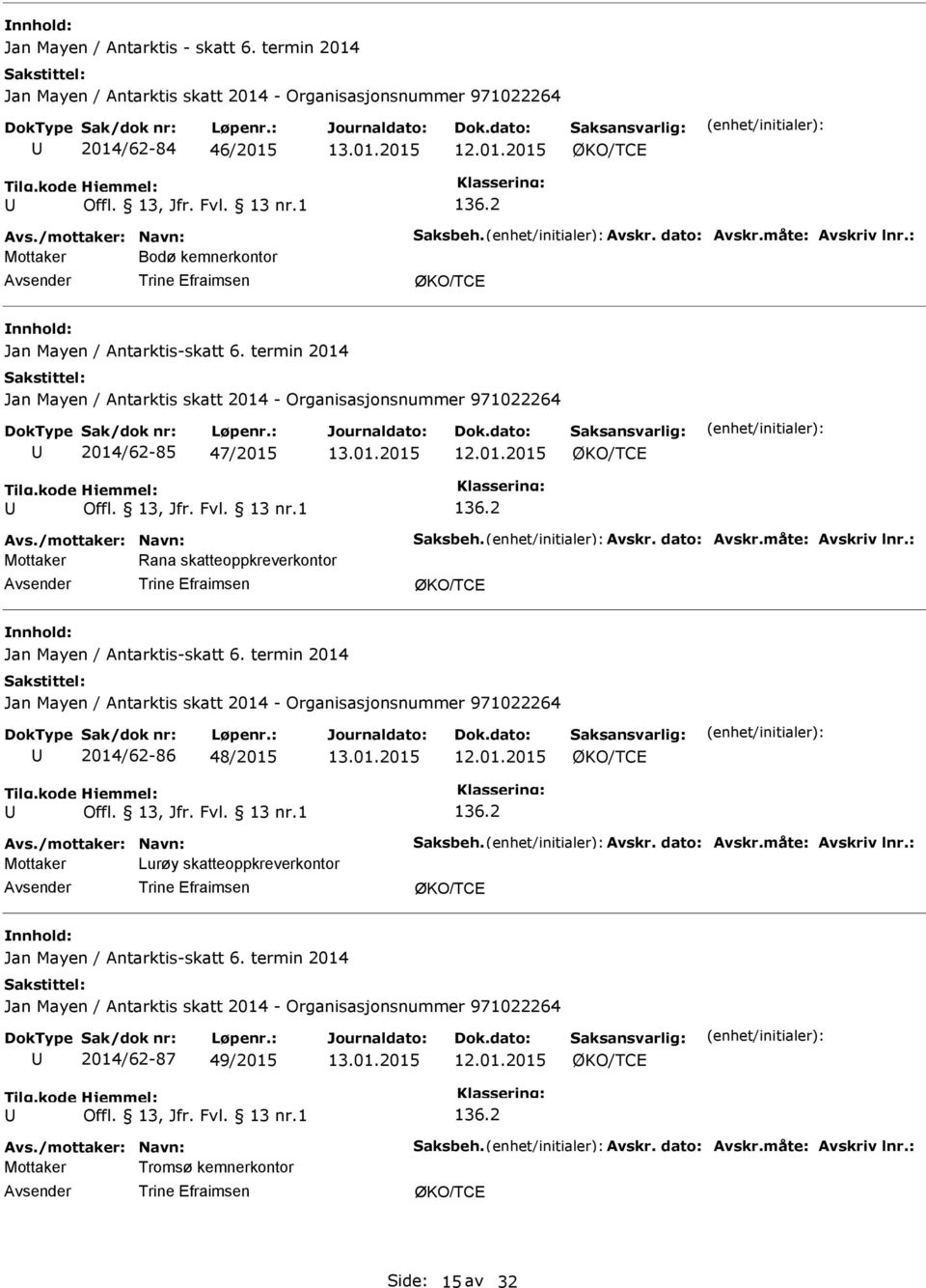 : Mottaker Rana skatteoppkreverkontor Jan Mayen / Antarktis-skatt 6. termin 2014 2014/62-86 48/2015 Avs./mottaker: Navn: Saksbeh. Avskr. dato: Avskr.måte: Avskriv lnr.