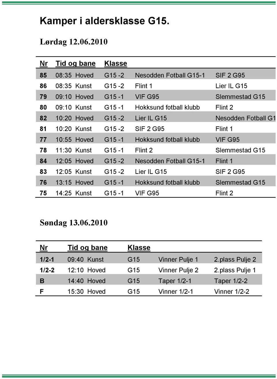 10:20 Hoved G15-2 Lier IL G15 Nesodden Fotball G15 81 10:20 Kunst G15-2 SIF 2 G95 Flint 1 77 10:55 Hoved G15-1 Hokksund fotball klubb VIF G95 78 11:30 Kunst G15-1 Flint 2 Slemmestad G15 84 12:05