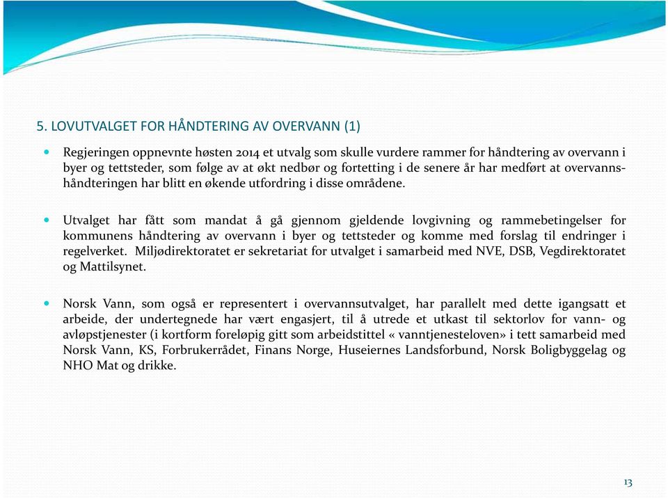 Utvalget har fått som mandat å gå gjennom gjeldende lovgivning og rammebetingelser for kommunens håndtering av overvann i byer og tettsteder og komme med forslag til endringer i regelverket.