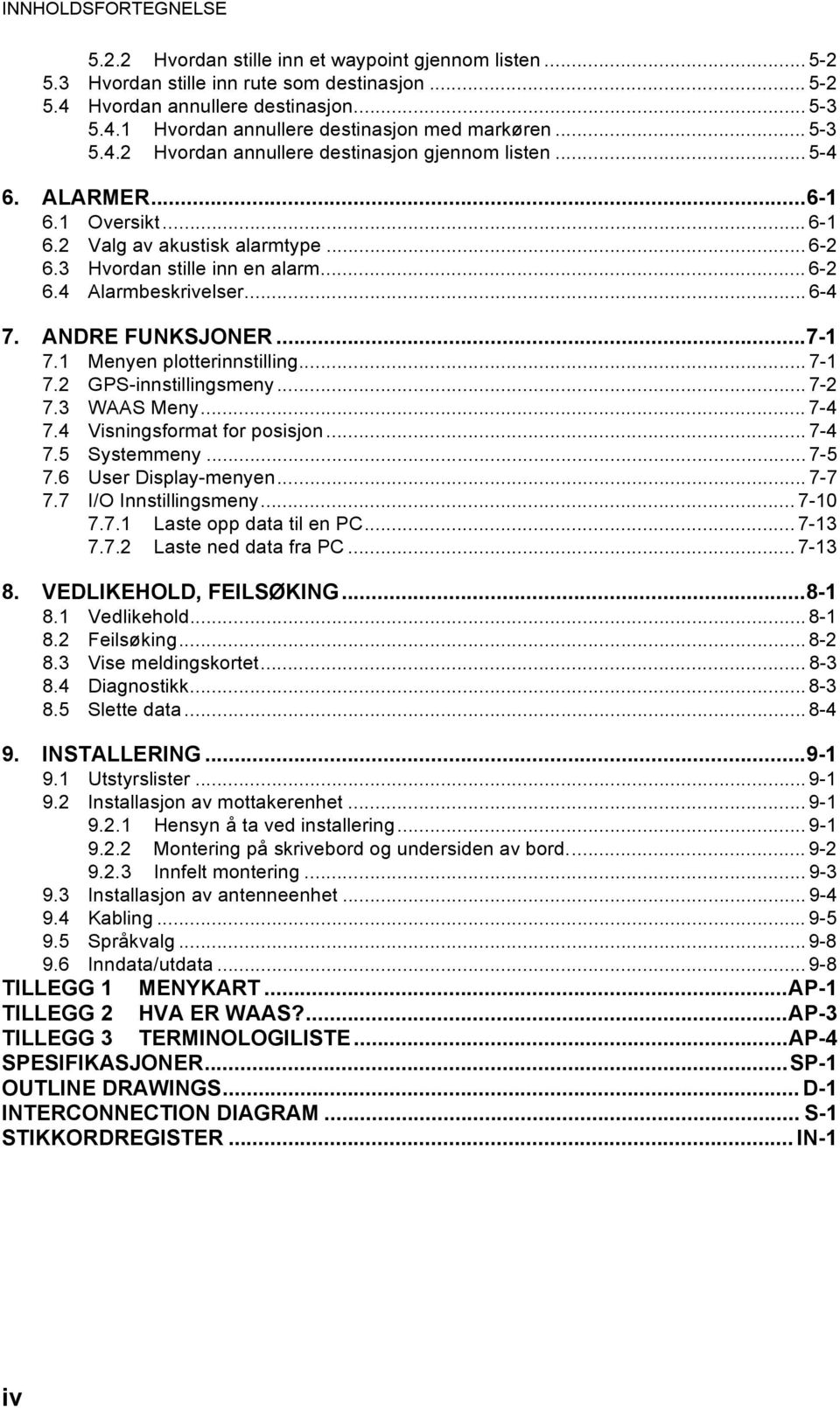 .. 6-4 7. ANDRE FUNKSJONER...7-1 7.1 Menyen plotterinnstilling... 7-1 7.2 GPS-innstillingsmeny... 7-2 7.3 WAAS Meny... 7-4 7.4 Visningsformat for posisjon... 7-4 7.5 Systemmeny... 7-5 7.