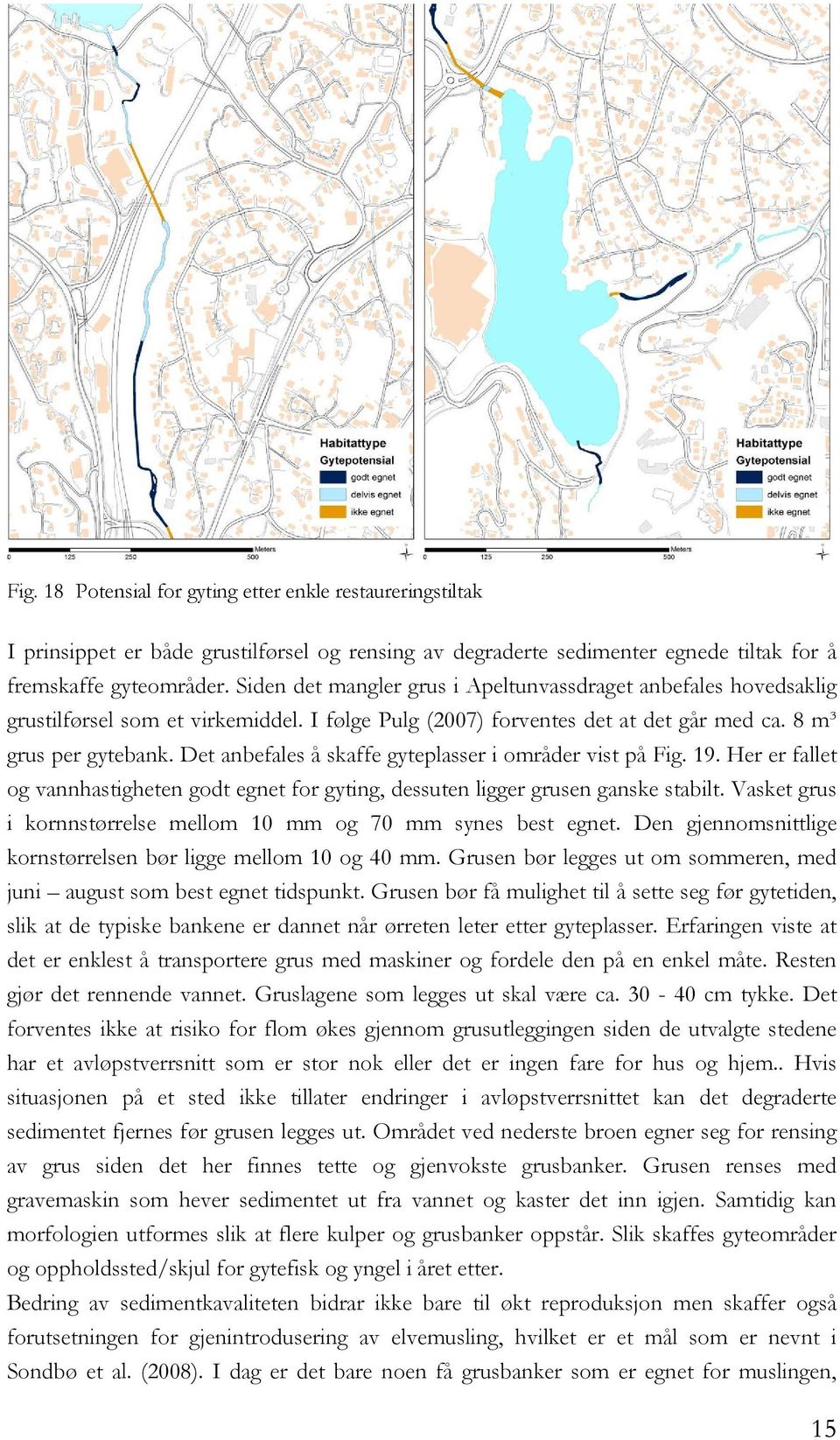 Det anbefales å skaffe gyteplasser i områder vist på Fig. 19. Her er fallet og vannhastigheten godt egnet for gyting, dessuten ligger grusen ganske stabilt.