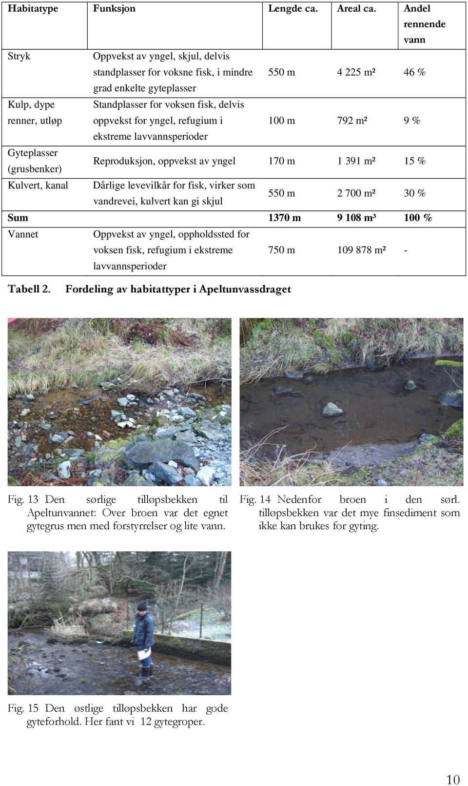 delvis oppvekst for yngel, refugium i 100 m 792 m² 9 % ekstreme lavvannsperioder Gyteplasser (grusbenker) Reproduksjon, oppvekst av yngel 170 m 1 391 m² 15 % Kulvert, kanal Dårlige levevilkår for