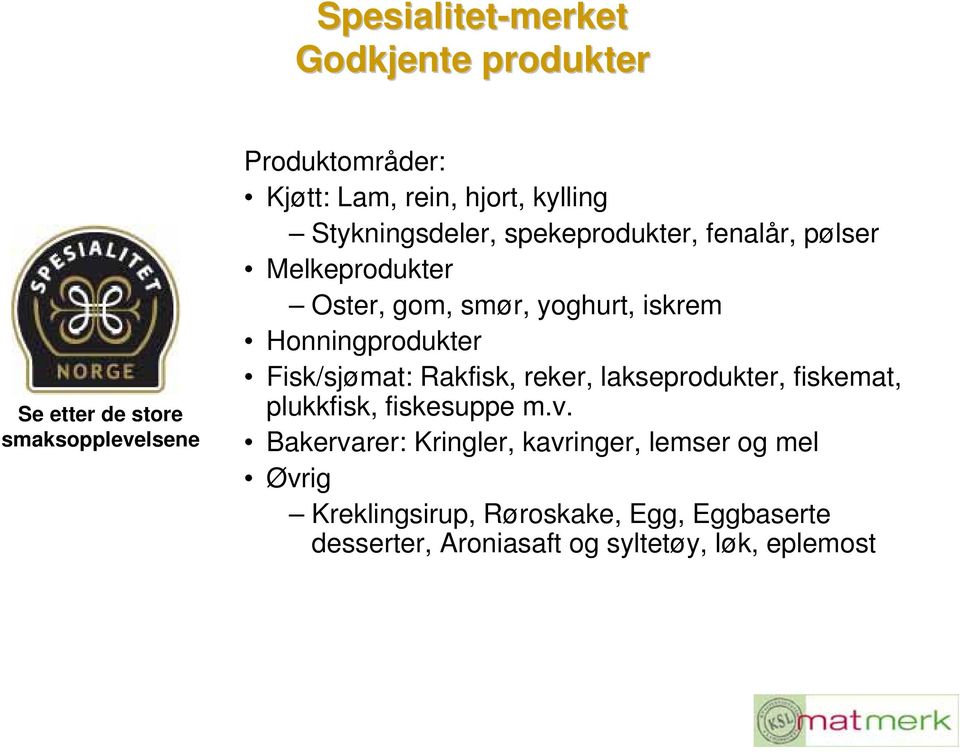 Honningprodukter Fisk/sjømat: Rakfisk, reker, lakseprodukter, fiskemat, plukkfisk, fiskesuppe m.v.
