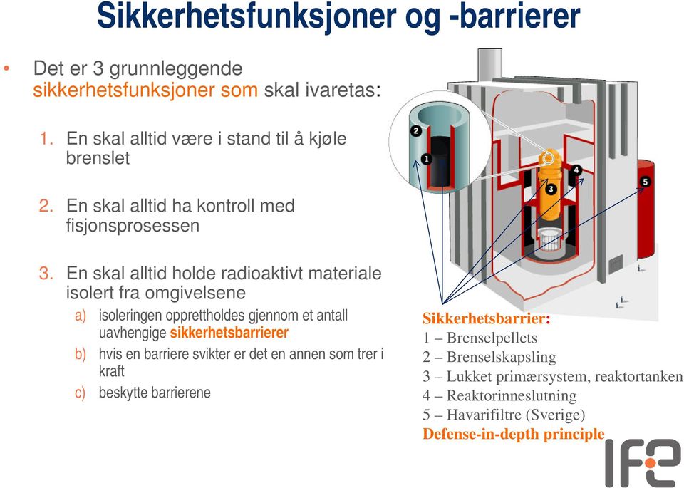 En skal alltid holde radioaktivt materiale isolert fra omgivelsene a) isoleringen opprettholdes gjennom et antall uavhengige sikkerhetsbarrierer b)