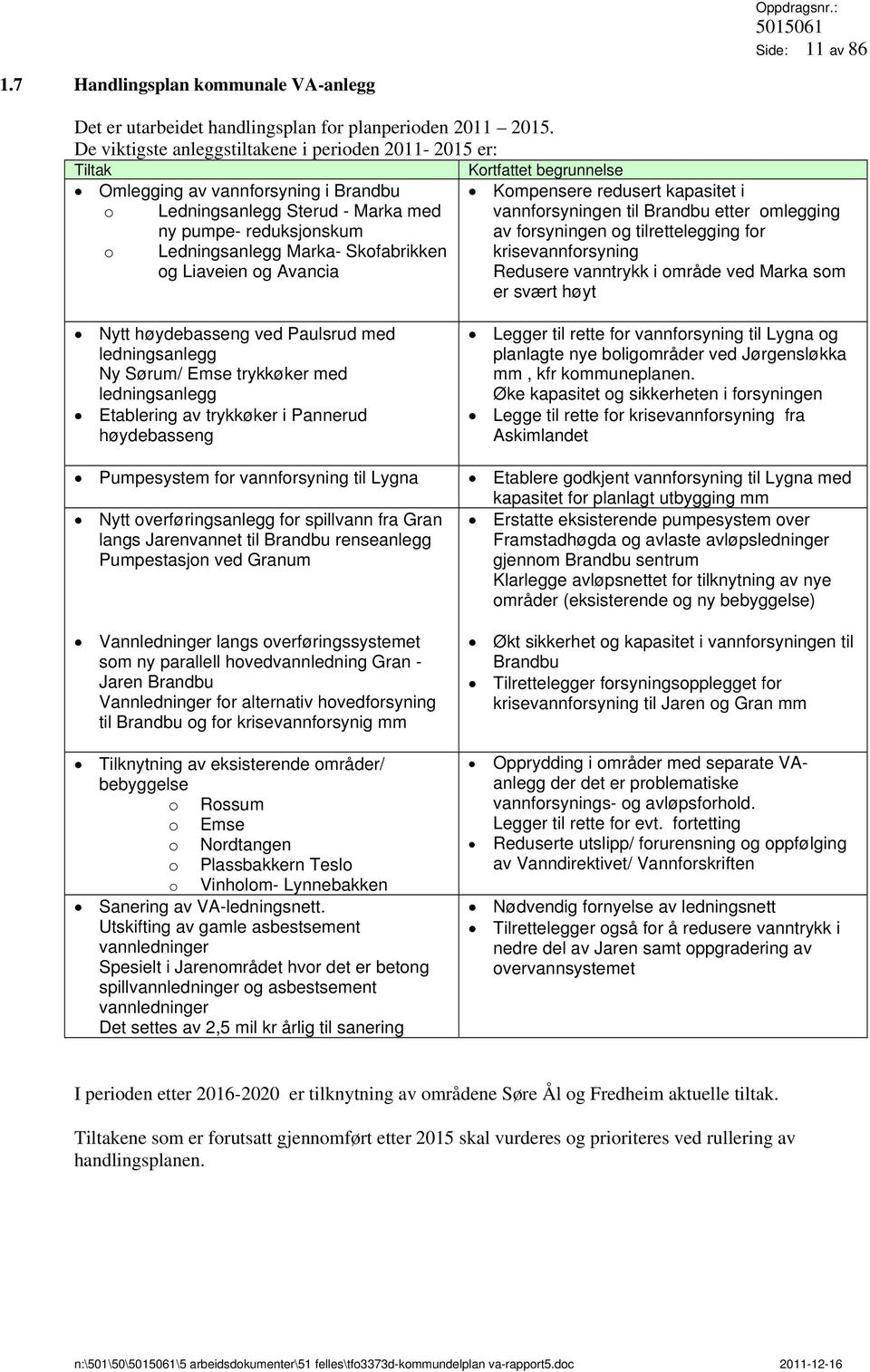 reduksjonskum vannforsyningen til Brandbu etter omlegging av forsyningen og tilrettelegging for o Ledningsanlegg Marka- Skofabrikken og Liaveien og Avancia krisevannforsyning Redusere vanntrykk i