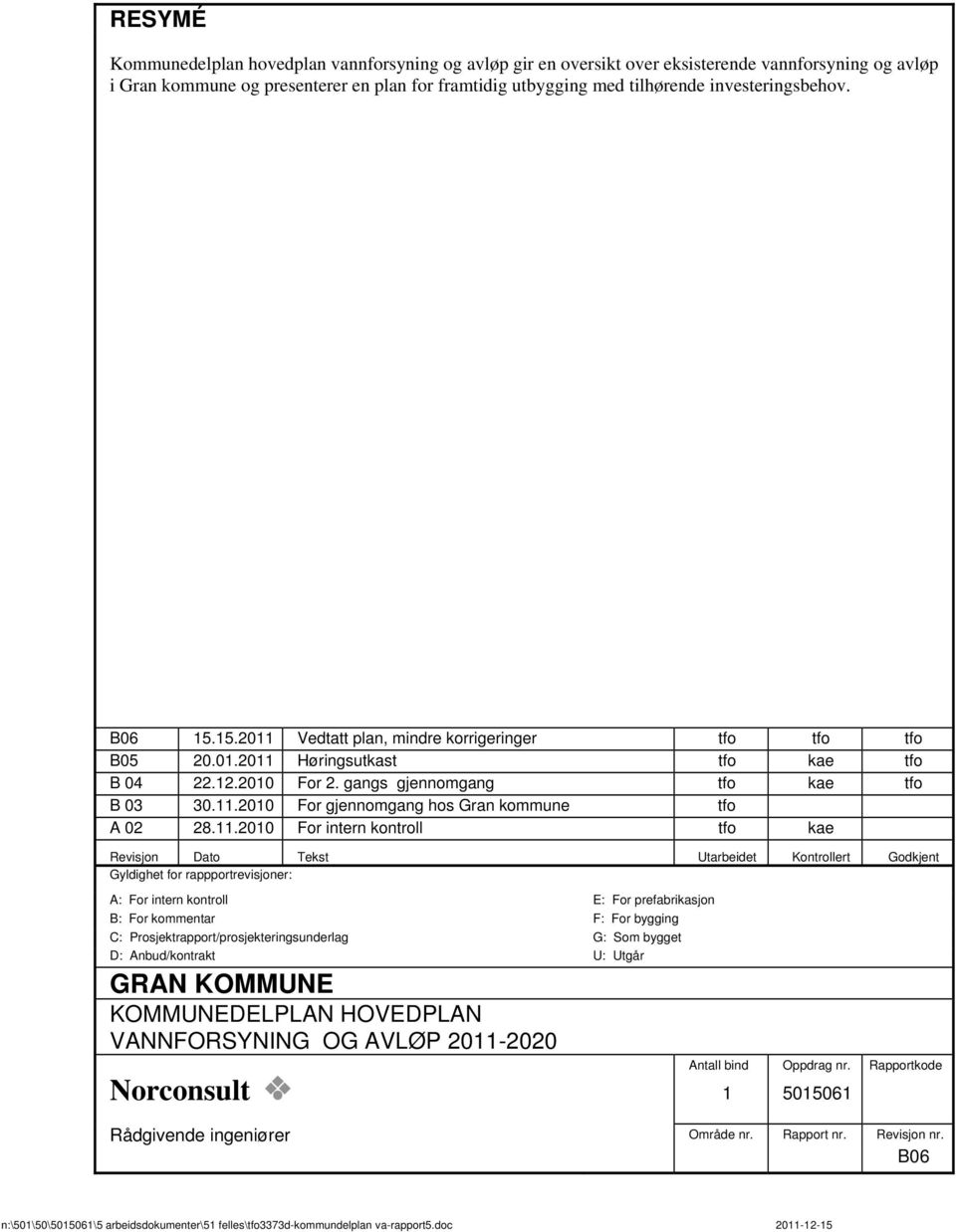11.2010 For intern kontroll tfo kae Revisjon Dato Tekst Utarbeidet Kontrollert Godkjent Gyldighet for rappportrevisjoner: A: For intern kontroll E: For prefabrikasjon B: For kommentar F: For bygging