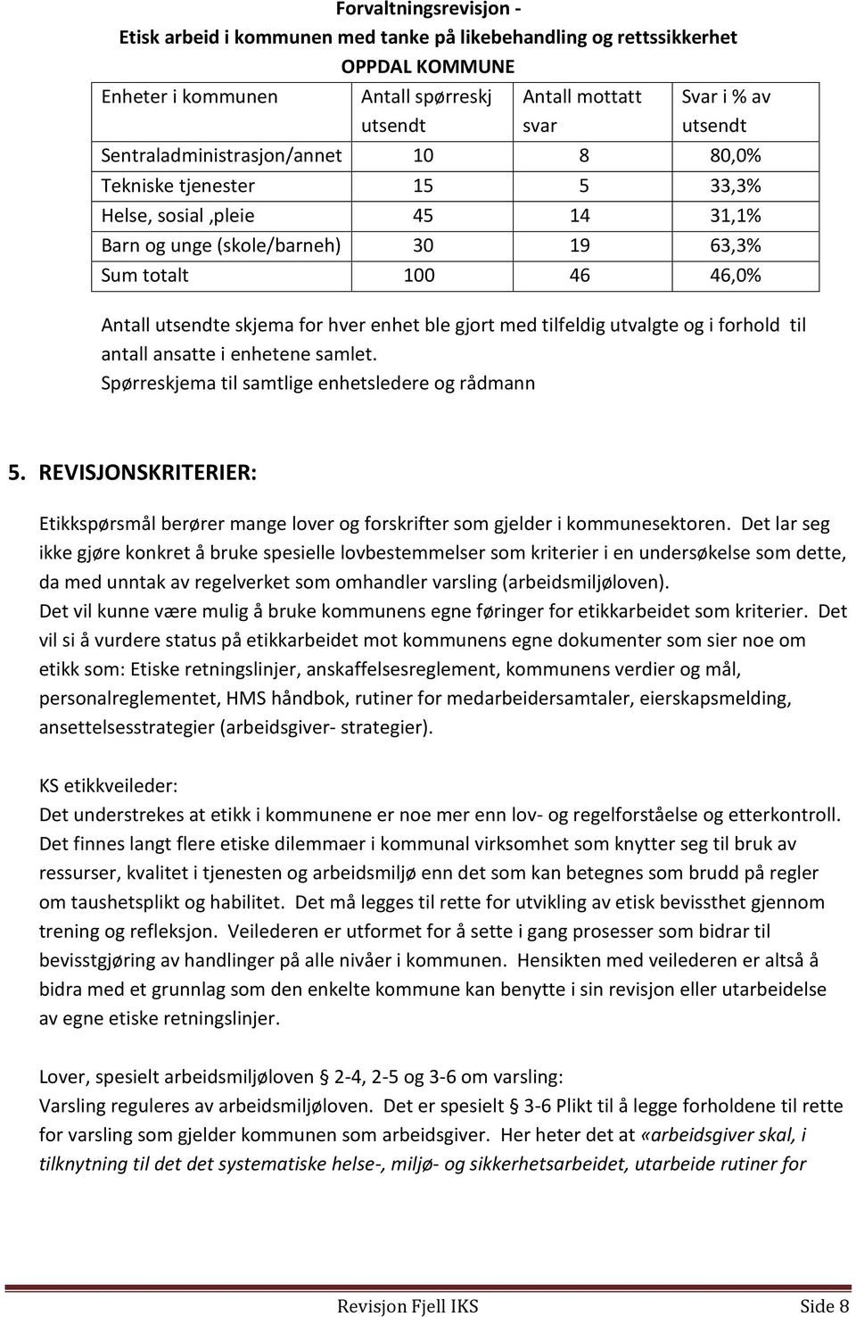 Spørreskjema til samtlige enhetsledere og rådmann 5. REVISJONSKRITERIER: Etikkspørsmål berører mange lover og forskrifter som gjelder i kommunesektoren.