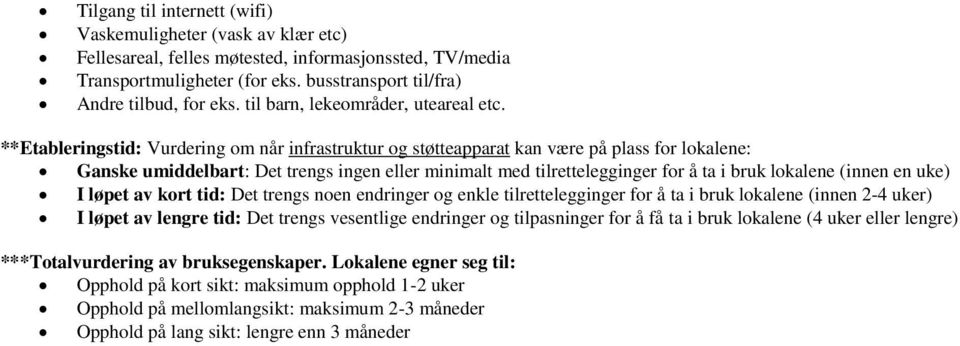 **Etableringstid: Vurdering om når infrastruktur og støtteapparat kan være på plass for lokalene: : Det trengs ingen eller minimalt med tilrettelegginger for å ta i bruk lokalene (innen en uke) tid: