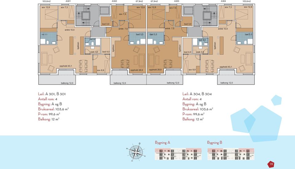 balkong 12,0 Leil: A 301, B 301 Antall rom: 4 Bygning: A og B Bruksareal: 103,6 m 2 P-rom: 99,6 m 2 Balkong: 12 m 2