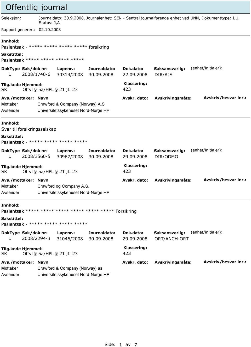 S niversitetssykehuset Nord-Norge HF Svar til forsikringsselskap 2008/3560-5 30967/2008 DR/ODMO Mottaker Crawford og Company A.S. niversitetssykehuset
