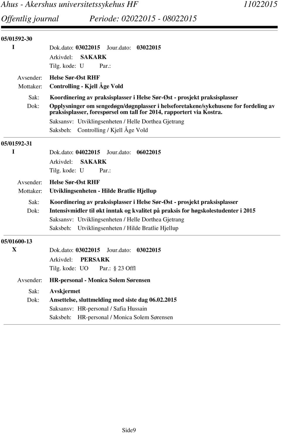 fordeling av praksisplasser, forespørsel om tall for 2014, rapportert via Kostra. Saksansv: Utviklingsenheten / Helle Dorthea Gjetrang Saksbeh: Controlling / Kjell Åge Vold 05/01592-31 I Dok.