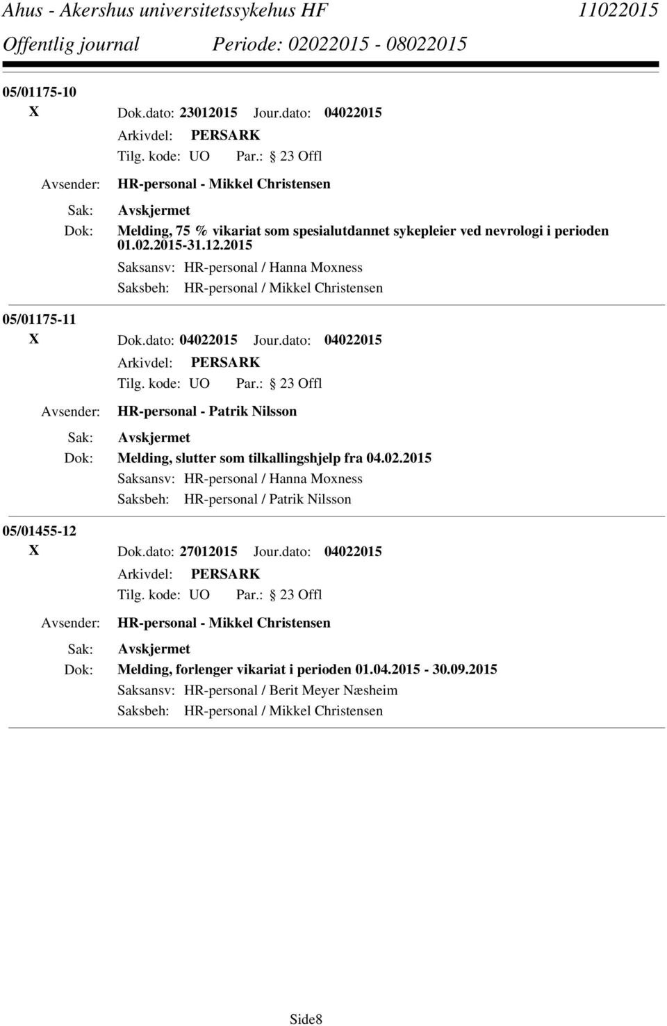 dato: 04022015 HR-personal - Patrik Nilsson Melding, slutter som tilkallingshjelp fra 04.02.2015 Saksansv: HR-personal / Hanna Moxness Saksbeh: HR-personal / Patrik Nilsson 05/01455-12 X Dok.