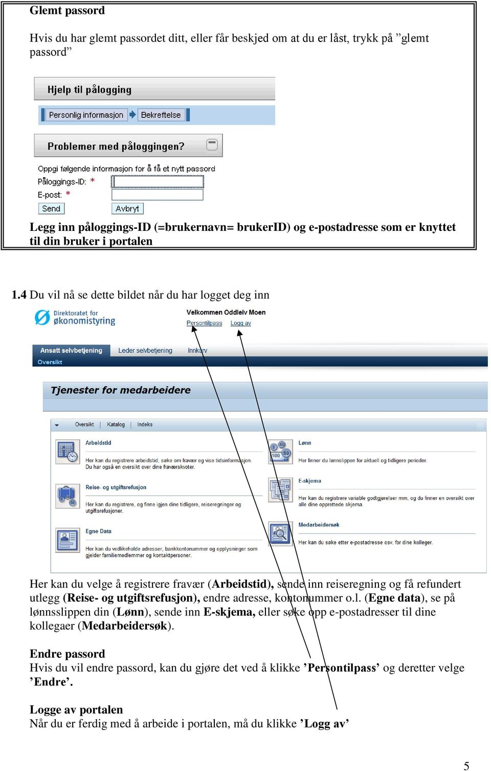 4 Du vil nå se dette bildet når du har logget deg inn Her kan du velge å registrere fravær (Arbeidstid), sende inn reiseregning og få refundert utlegg (Reise- og utgiftsrefusjon), endre