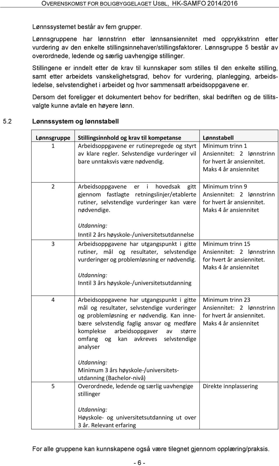 Stillingene er inndelt etter de krav til kunnskaper som stilles til den enkelte stilling, samt etter arbeidets vanskelighetsgrad, behov for vurdering, planlegging, arbeidsledelse, selvstendighet i