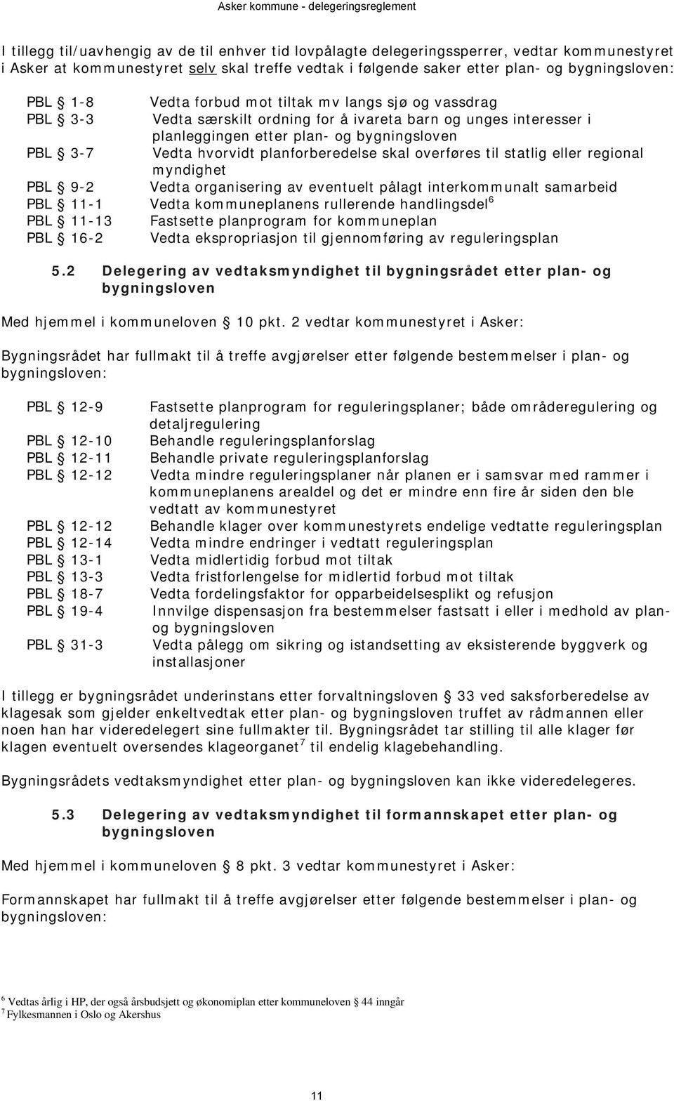 til statlig eller regional myndighet PBL 9-2 Vedta organisering av eventuelt pålagt interkommunalt samarbeid PBL 11-1 Vedta kommuneplanens rullerende handlingsdel 6 PBL 11-13 Fastsette planprogram