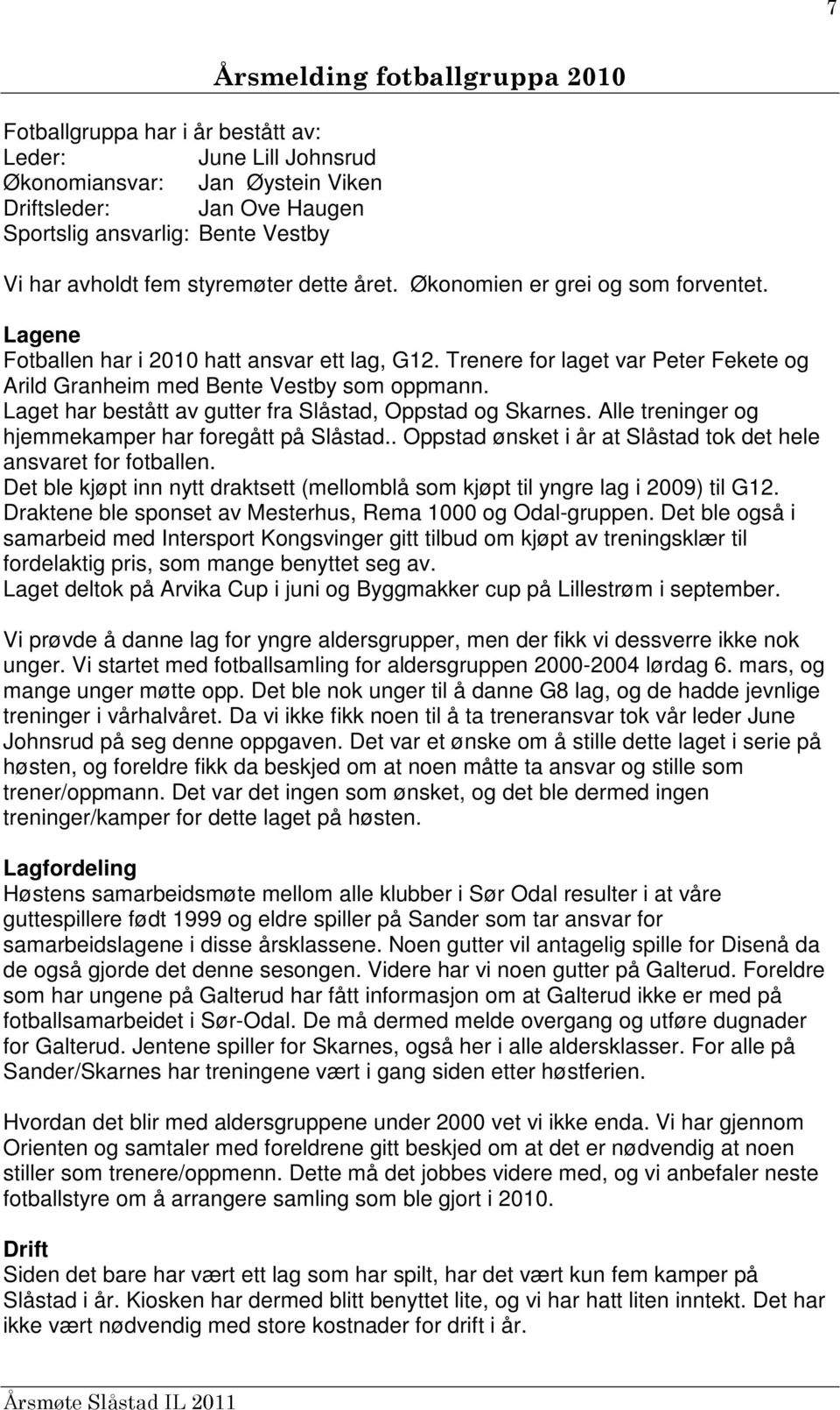 Trenere for laget var Peter Fekete og Arild Granheim med Bente Vestby som oppmann. Laget har bestått av gutter fra Slåstad, Oppstad og Skarnes. Alle treninger og hjemmekamper har foregått på Slåstad.