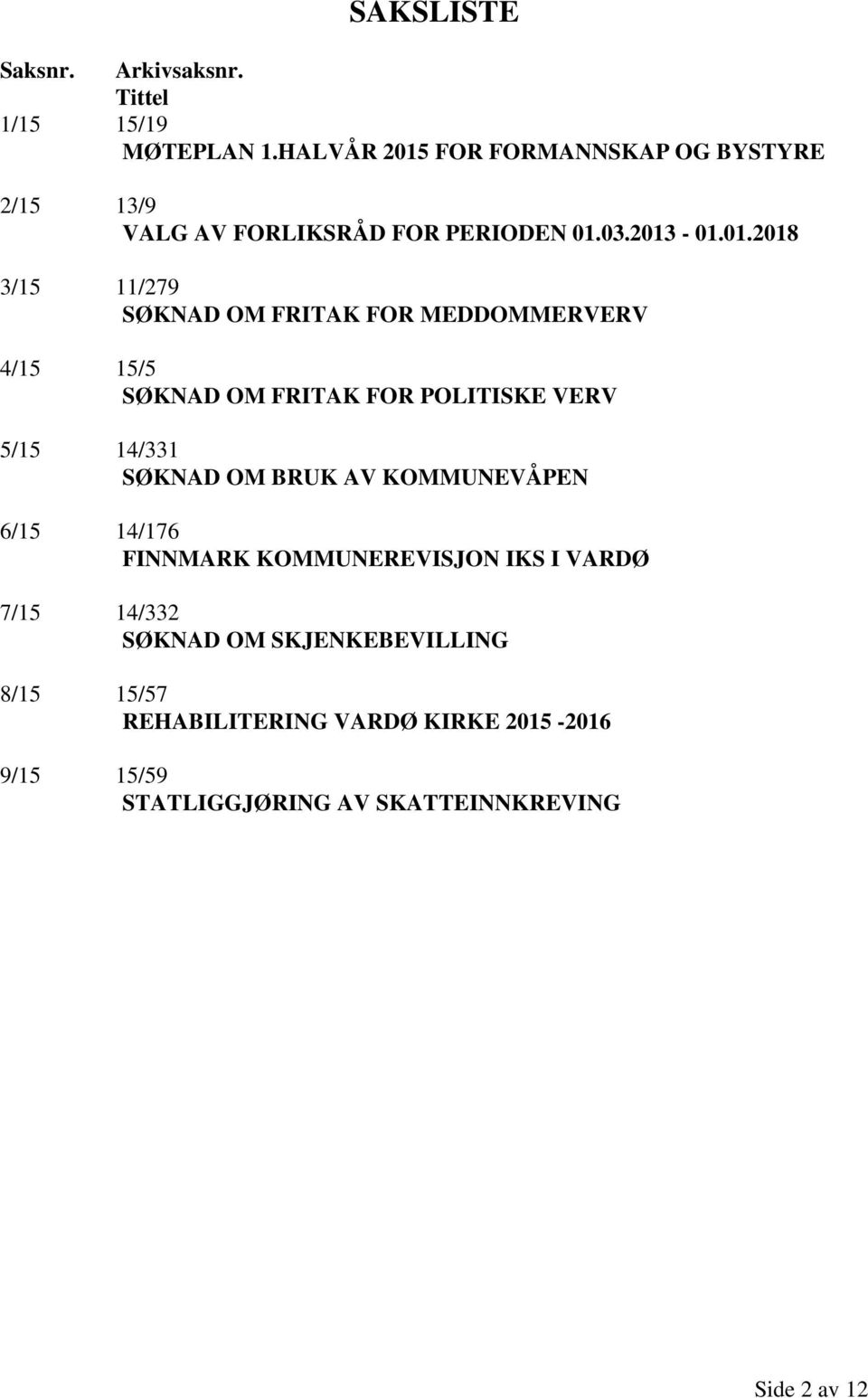 FOR FORMANNSKAP OG BYSTYRE 2/15 13/9 VALG AV FORLIKSRÅD FOR PERIODEN 01.