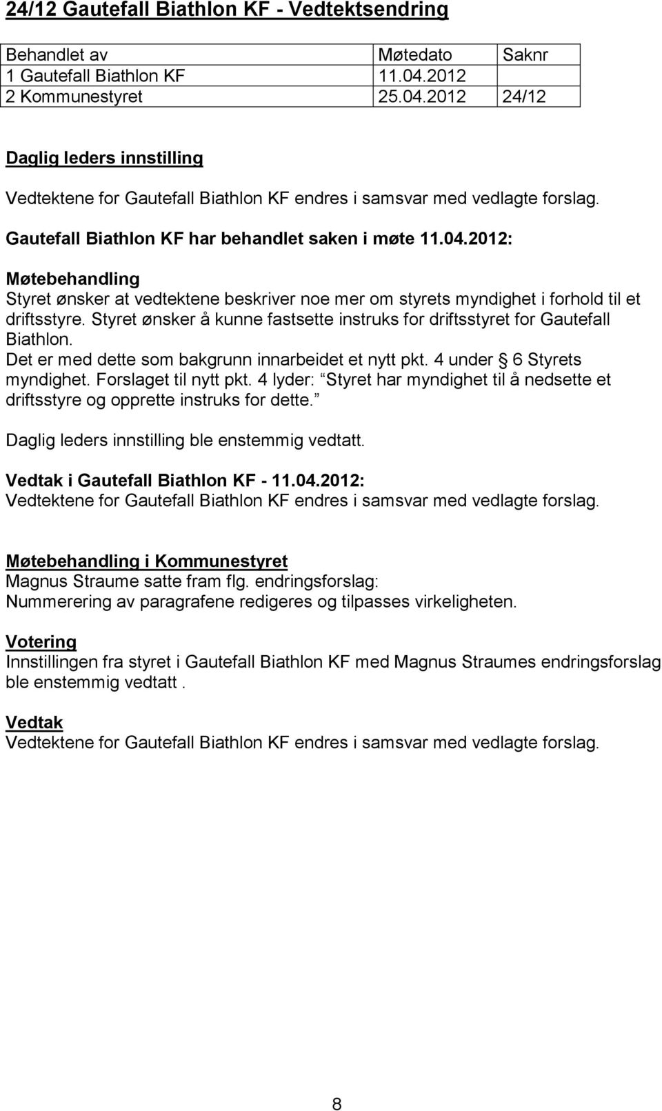 Styret ønsker å kunne fastsette instruks for driftsstyret for Gautefall Biathlon. Det er med dette som bakgrunn innarbeidet et nytt pkt. 4 under 6 Styrets myndighet. Forslaget til nytt pkt.