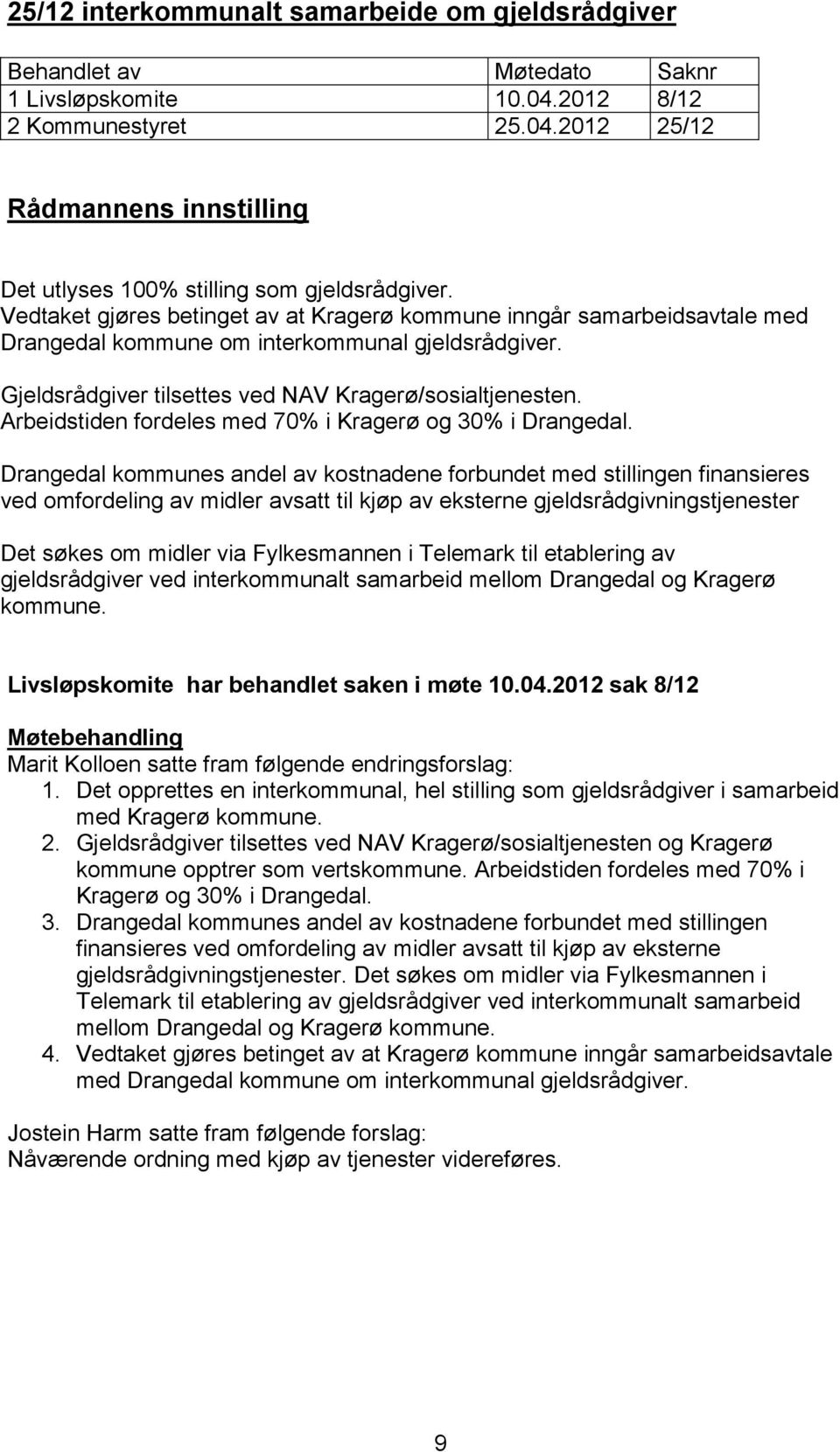 Arbeidstiden fordeles med 70% i Kragerø og 30% i Drangedal.