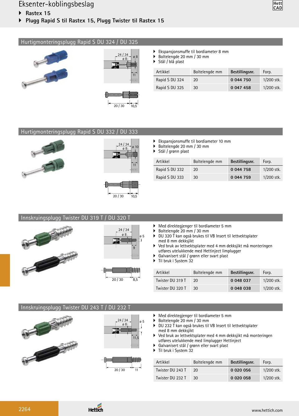 20 / 30 10,5 Hurtigmonteringsplugg Rapid S DU 332 / DU 333 24 / 34 ø 8 ø 10 Ekspansjonsmuffe til bordiameter 10 mm Boltelengde 20 mm / 30 mm Stål / grønn plast 11 Artikkel Boltelengde mm Rapid S DU