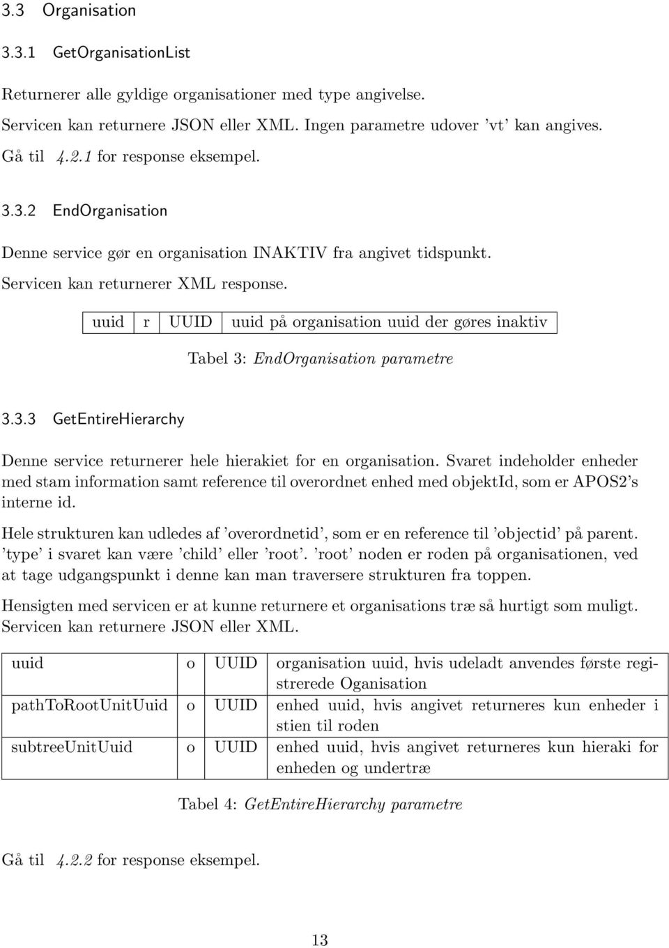 uuid r UUID uuid på organisation uuid der gøres inaktiv Tabel 3: EndOrganisation parametre 3.3.3 GetEntireHierarchy Denne service returnerer hele hierakiet for en organisation.